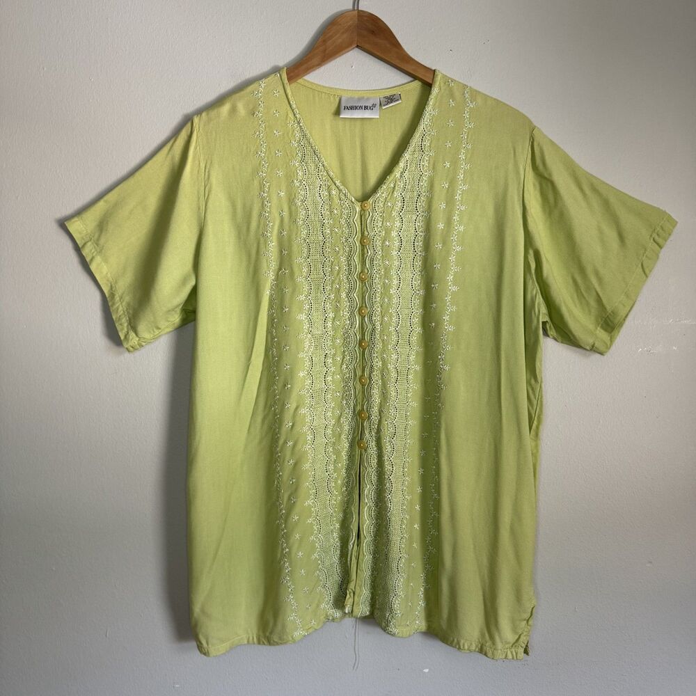 Fashion Bug Vintage Top Lime Green Embroidered Button Up Short Sleeve Size 18/20